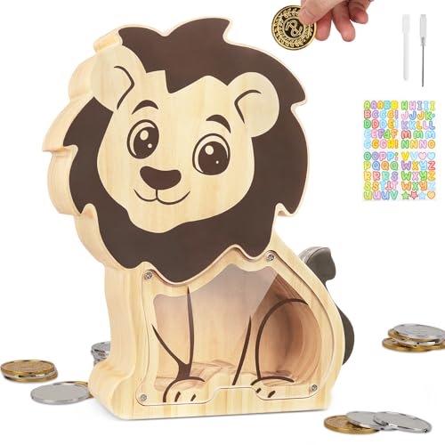 omedecal Tirelire Economie Enfant Adulte Boite en Bois, Tirelires Billet Pièce de Monnaie pour Fille Garcon Enfant - Lion