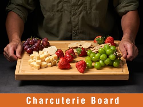 Large Bamboo Wood Cutting Boards for Kitchen, 1" Thick Charcuterie Boards, Butcher Block with Juice Grooves & Handles - Thumbnail 5