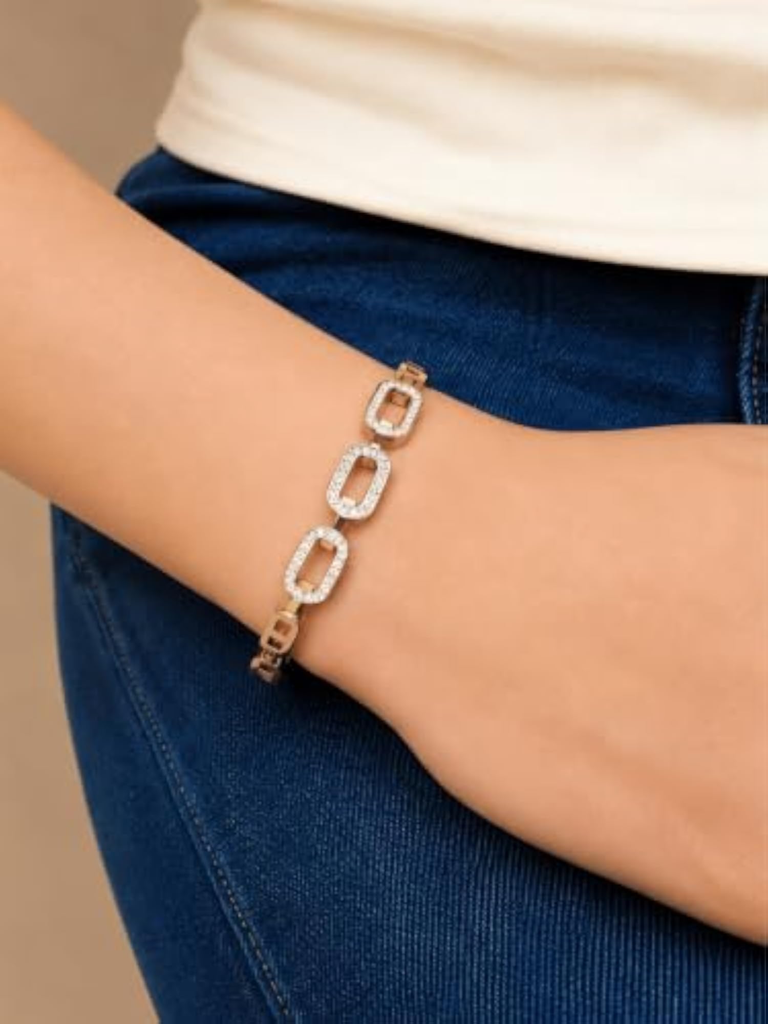 Women's Geometric Crystal Link Bangle Bracelet, Gold Metal