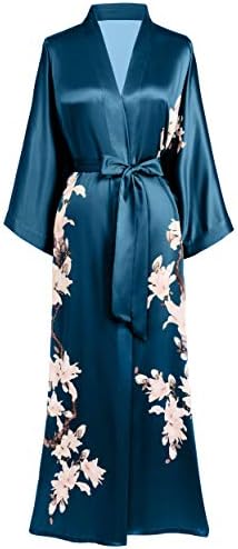 BABEYOND Kimono Robe Cover up Long Floral Satin Sleepwear Silky Bathrobe Bachelorette Robe (Dark Green)