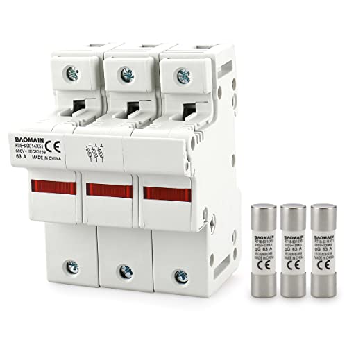 Baomain RT18-63 Fuse Holder Base with 20x63A Ceramic Fuses (14x51mm) – 3 Pole DIN Rail Mount, LED Indicator, CE Certified (63 Amp)