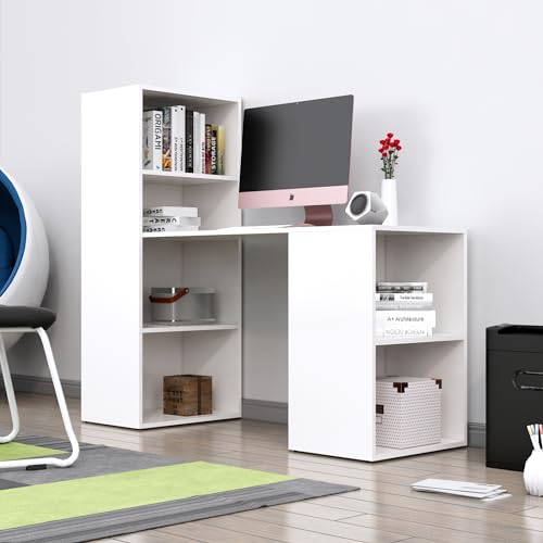 Image of Bniture Wooden Study Table for Home | Engineered Wood Study Table with Book Shelf | Multi Purpose Computer Desk for Writing & Study | Laptop Table for Study Room, Office & Workstation, Frosty White