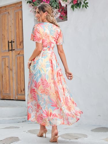 Image of Simplee Women's Boho Floral Maxi Dress Flowy Casual V Neck Short Sleeve Wedding Guest Holiday Beach Long Dress