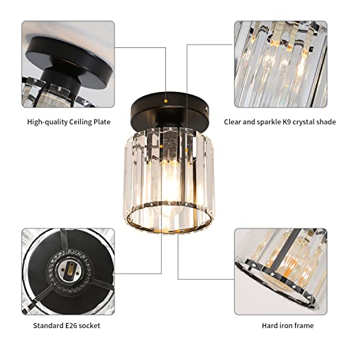 Goeco Crystal Ceiling Light, Modern Mini Industrial Semi Flush Mount Ceiling Light Fixtures, E26 Black Indoor Lighting Fixture For Hallway, Entryway, Bathroom, Kitchen, Dining Room, Living Room #TOP3