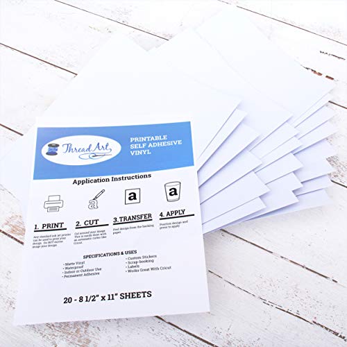 Threadart Printable Vinyl Sticker Paper for Inkjet & Laser Printers White | Waterproof Dries Quickly Vivid Colors | 20 Sheets 8.5x11" - Printable Vinyl | Compatible with Cricut and Silhouette