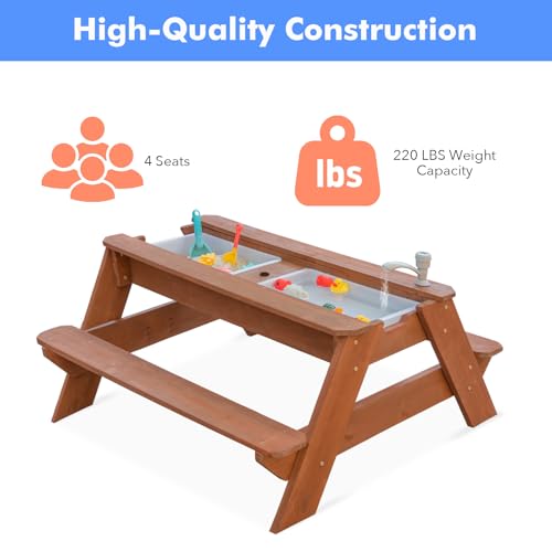 Kids 3-in-1 Sand & Water Table, Wood Outdoor Convertible Picnic Table w/Umbrella, 2 Trays, Removable Top with Faucet, Picnic Table for Outdoor (Brown/Navy) - Thumbnail 6