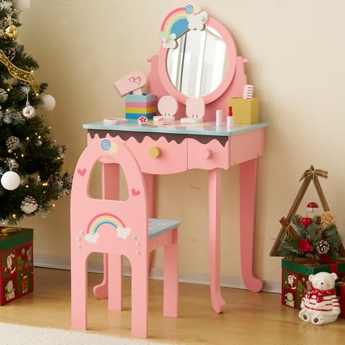 LALAHO Kinderschminktisch mit Hocker und Frisierkommode Schminktisch für Mädchen mit 7 Spielzeug-Make-up Accessoires zum Rollenspiel (Rosa)
