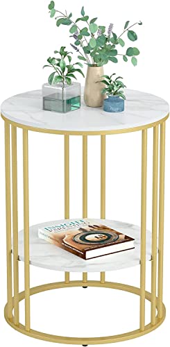 New Mark Impex Wisfor 1 Piece Gold End Side Table 2 Tier with 2 MDF Nightstand Bedside Table with Sintered Stone Tabletop for Living Room