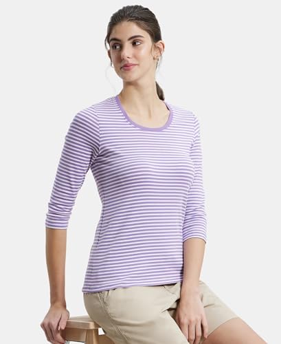 Image of Jockey 1360 Women's Super Combed Cotton Elastane Stretch Slim Fit Striped Round Neck Three Quarter Sleeve T-Shirt