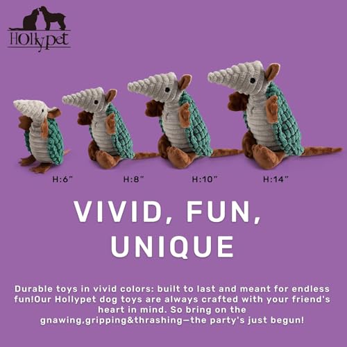 Image of Hollypet Plush Dog Squeaky Toy Stuffed Armadillo Animal Pet Puppy Chew Toys with Clean Teeth for Small Medium Large All Breed Sizes Dogs, Deep Green, 14 in