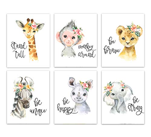 YouNique Designs Safari Animals Nursery Wall Art Prints, Set of 6, UNFRAMED, Elephant