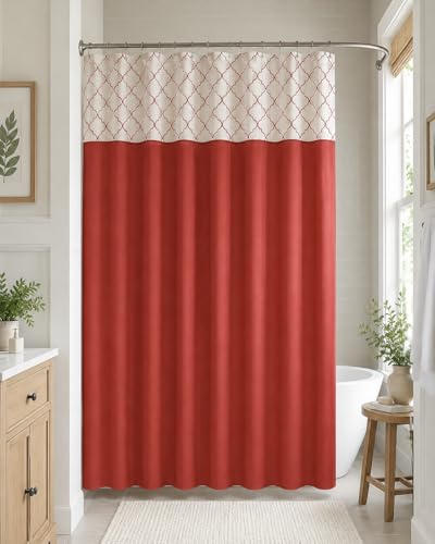 Serafina Home Red Fabric Shower Curtain for Bathroom: Semi Sheer Faux Silk Embroidered Moroccan Damask Design 70" x 72"
