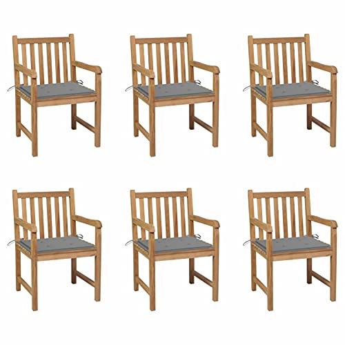 LAPOOH Sillas de jardín 6 uds, Sillas Terraza Exterior, Silla Playa Jardin, Sillas Exterior Jardin, Sillas Balcon, Muebles Jardin Exterior Conjunto, Madera Maciza de Teca Cojines Gris