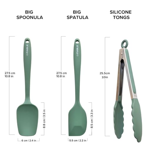 Image of FiABLE Premium Silicone Spatulas and Tong Set - 230C Heat Resistant - Versatile Usage - 1 Yr Brand Warranty - Dishwasher Safe - Seamless Design - Spatula, Spoonula & Tong - Green