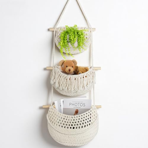 flintronic 3 ripiani Cesti per Frutta da appendere, Cestini Decorativi Sospesi per Porte a Parete, Cesto Decorativo da Cucina in Stile Bohémien per Appendere Frutta e Verdura