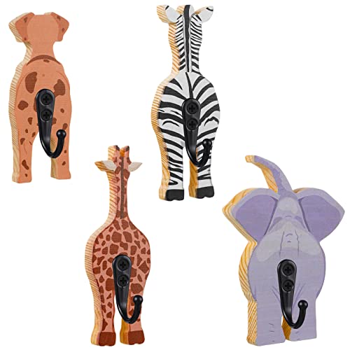 Image of Qunclay 4 Pcs Safari Animal Wall Hooks Decorative Coat Wall Mounted Hooks Wooden Elephant Giraffe Zebra Dog Hanger for Nursery Bedroom Home Decor