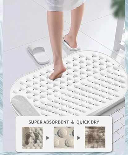 Image of Homecloud Anti Skid Mat for Bathroom Floor Shower mats for Bathroom Anti Slip with Foot Scrubber Bath mat Anti Slip with Suction Cups & Drain Holes (69x35 Cm) (White) (Oval White)