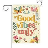 Terkki Good Vibes Only Inspirational Decorative Garden Flag, Floral Butterfly Motivational Small Yard Outside Decorations, Positive Flower Burlap Outdoor Home Decor Double Sided 12 x 18