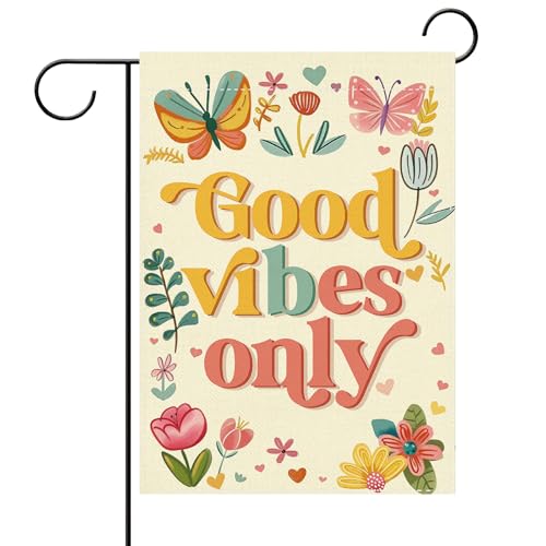 Terkki Good Vibes Only Inspirational Decorative Garden Flag, Floral Butterfly Motivational Small Yard Outside Decorations, Positive Flower Burlap Outdoor Home...