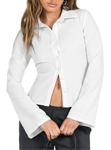 ECHOINE Women Button Down Shirts Long Sleeves Slim Fitted Casual Collared Blouses Work Striped Tops