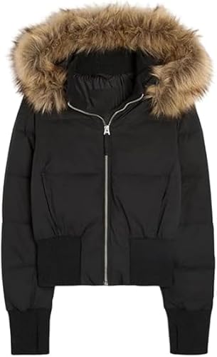 Womens Faux Fur Hooded Jacket,Fashion Winter Warm Quilted Puffer Bomber Padded Trim Coat Zipper Cropped Outwear for Women (01, 3XL)