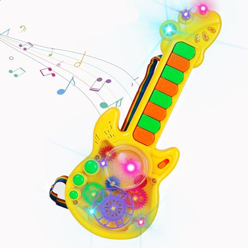 Gooyo Gy999-53 Battery Operated Musical Toy Guitar With 8 Keys & 3D Gear & Flash Light Effects For Kids/Baby/Girls/Boys/Gifts/Toddlers | Yellow Color, Power Source: 3Xaa Battery (Not Included)