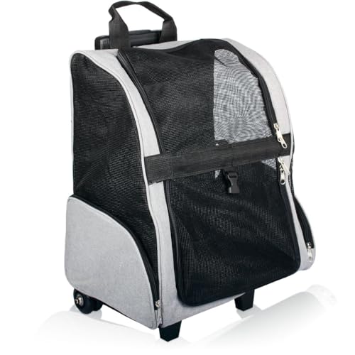 2IN1 Transporttasche mit Rollen bis 15kg Rucksack Trolley Hund Katze Hunderucksack Tasche (Melange-Grau)