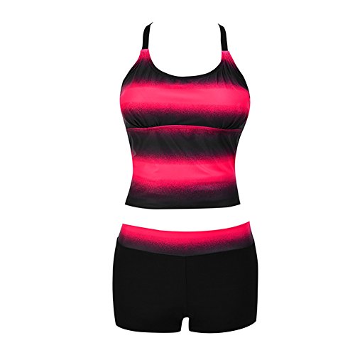 Feifanmall Plus Size Women's Open Back Color Block Striped Tankini Top Bottom Set With Boyshorts Shorts Swimsuit Swimwear #TOP5