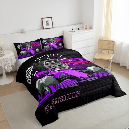 Image of Feelyou Kids Purple Racing Car Duvet Insert Queen Size, Extreme Sports Comforter Set Boys Girls Karting Road Bedding Set Teens Bedroom Decor Bed Set 3Pcs