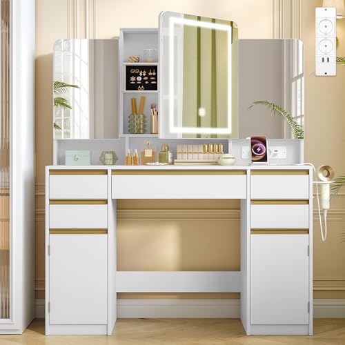HEXCELEN Tocador con Espejo Triple, Mesa de Maquillaje, Luces LED con Brillo Ajustable, Enchufes, Soporte para Secador de Pelo, con 5 Cajones, 2 Armarios y Compartimentos Abiertos, Blanco