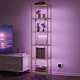 Hzuaneri Bookcase Bookshelf with RGB Lighting, Tempered Glass Bookshelves, 8 Levels of Brightness and 24 Colors，Slim Shelving Unit for Bedroom, Bathroom, Home Office, Steel Frame, 6 Tier Gold BC23699A