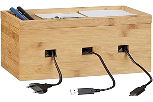 Relaxdays Bamboo Cable Box, Multipurpose Wooden Docking Station, Desk Organizer Charging Post, H x W x D: 16.5 x 25.5 x 14 cm, Natural