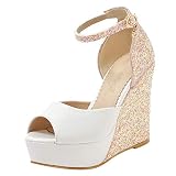 pumps knöchelriemchen Peeptoe Pumps mit Keilabsatz und Riemchen Glitzer High Heels Plateau Wedges Geschlossen Schuhe (Weiß,41)