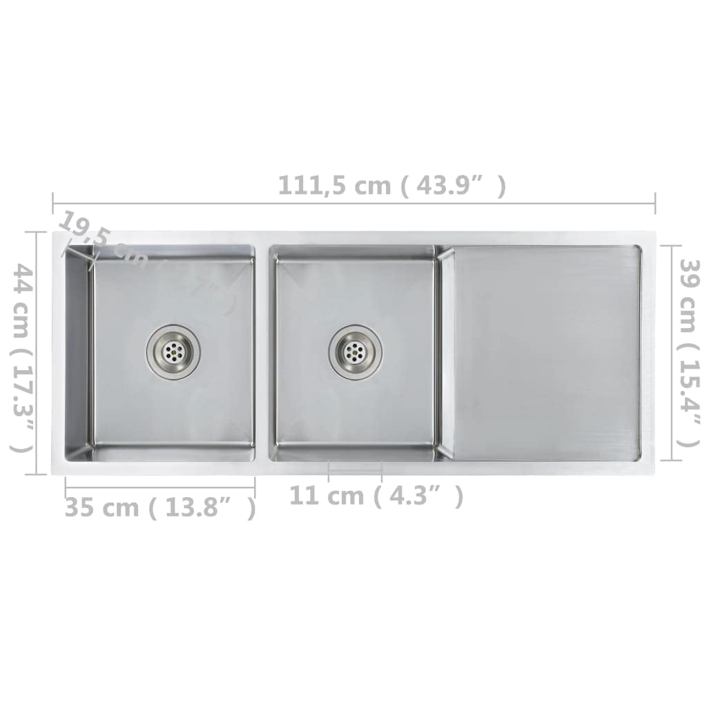 vidaXL Fregadero Cocina Hecho a Mano con Colador Doble Seno Grado Alimentario Diseño de 2 Seno Extraprofundo Flujo Rápido Acero Inoxidable