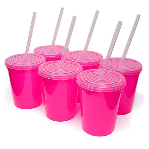 Rolling Sands 16oz Reusable Plastic Stadium Hot Pink Cups with Lids, 6 Pack