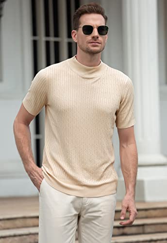 Qzh.duao Men's Casual Slim Fit Short Sleeve Mock Turtleneck Knit Pullover Sweater, Apricot, Medium #TOP3