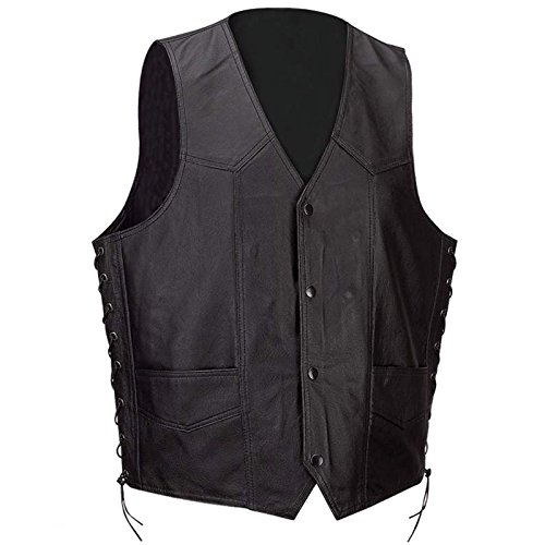 EXCELSIOR INT Men's Classic 4 Snap Concealed Gun Sleeveless Leather Vest Button With Side Laces Motorcycle Biker Jacket For Men- (7XL, Black)