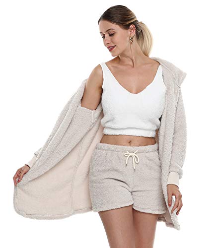 Womens Sexy Fuzzy Warm Sherpa Fleece 3 Piece Outfit Fleece Coat Jacket Outwear And Spaghetti Strap Crop Top Shorts Set (White, S) #TOP4