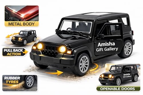 Image of Amisha Gift Gallery Thar Roxx Metal Diecast Toy Car for Kids | Light And Sound, 1:36 Scale Model, Pull Back Sports Car, Boys