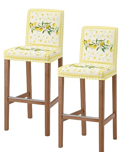 Summer Lemon Bar Stool Covers - Stretch Dining Chair Covers Set of 2, Spring Floral Tropical Green Leaves Yellow Plaid Bar Chair Covers Counter Stool Pub Chair Slipcovers Protectors for Kitchen/Cafe