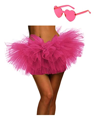 Tutu Skirt 5 Layered with Heart Sunglasses Tutus Tulle Ballet Tutu Skirts for Women & Girls Party Dance Dress (Hot Pink)