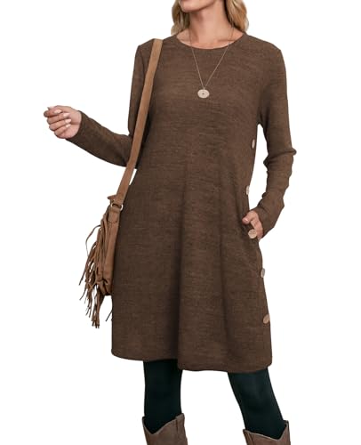 OFEEFAN Chocolate Brown Fall Clothes Fall Dresses for Women 2025 Sweater Dress Winter Long Sleeve Dress Brown XL - Thumbnail 4