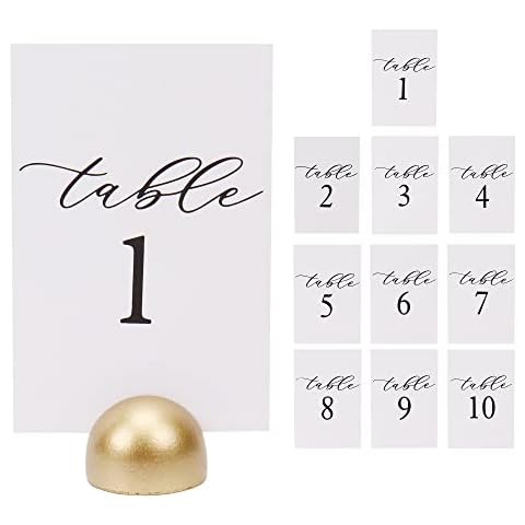 Hanna Roberts Modern Cursive Table Number Card Stock Signs with Round Stand for Wedding Reception, Restaurant, Event Party, 4" x 6" (Set of 10, 1-10, Gold) Cover
