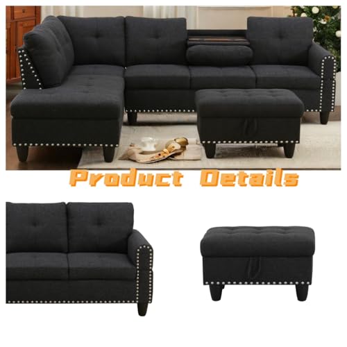 Image of FONTOI L Shaped Sectional Couch with Otttoman, 97 inch Sectional Sofa for Living Room Flannel Modular Couches with Cup Holders for Bedroom, Apartments, Black Grey