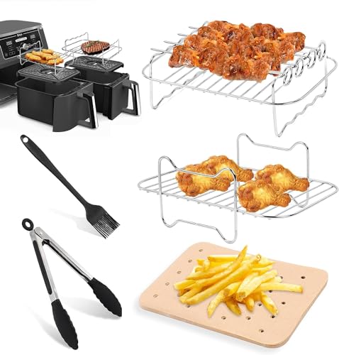 Dual Basket Air Fryer Accessories for Ninja Foodi DZ401 DZ550 DZ302 & Other 10 Quart 2-Basket DualZone Air Fryers, Come with Air Fryer Rack Set, 100Pcs Paper Liners, Silicone Brush & Tongs