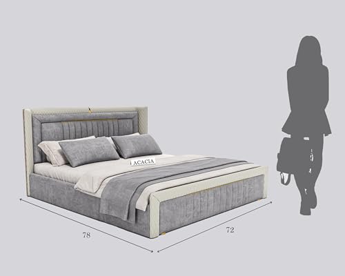 Image of Acacia Modern Upholstered King Size Bed with Box Storage for Bedroom | Wooden Double Bed with Storage | Platform Cot Bed with Upholstery Premium Fabric | 6.5 x 6 Ft | Sheesham Wood | Battleship Gray