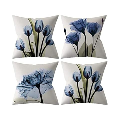 Outdoor Decorative Throw Pillow Covers 18x18 inches Set of 4 Blue Flower Cushion Covers Waterproof Polyester Linen Square Pillow Cases for Living Room Sofa Couch Bed Garden Bench Furniture 45x45cm Cover