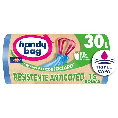Handy Bag Bolsas de basura Resistentes Antigoteo - Bolsas para cubo de basura de cocina con cinta de autocierre y triple capa, resistentes y antigoteo, 100% plástico reciclado, 30L, 15 unidades