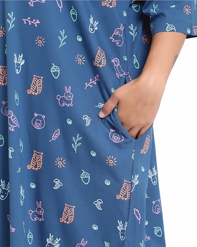 Image of LAMA STORE Women's Printed Oversized T-Shirt Dress, Cotton, 3 /4 Sleeve Length, Casual Loose Fit, Comfort Wear Extra Comfy Oversized Printed Pocket T-Shirt Dress