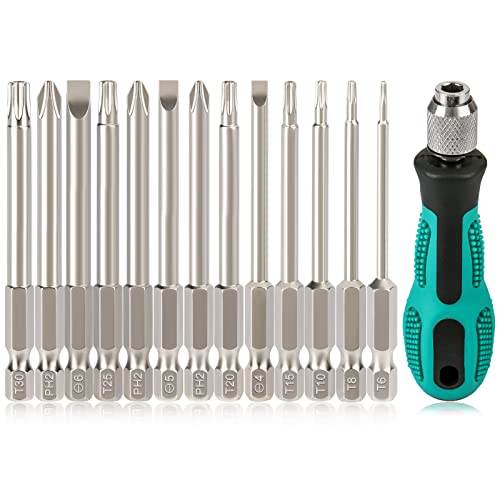 Hakkin Juego de 13 destornilladores Torx Phillips con asa, 75 mm de largo, puntas S2 de acero de 1/4 pulgadas, magnéticos, hexagonales T20 T25 para taladro, llave de impacto thumbnail